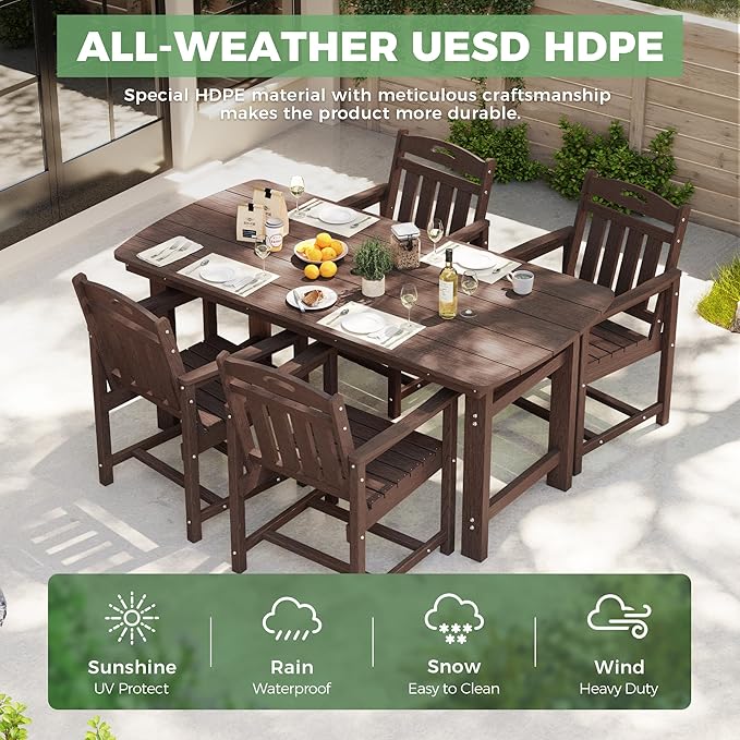 5-Piece Outdoor Dining Furniture Set with Chairs, All-Weather HDPE Patio Table and 4 Chairs, Umbrella Hole, for Garden Backyard or Deck - Brown