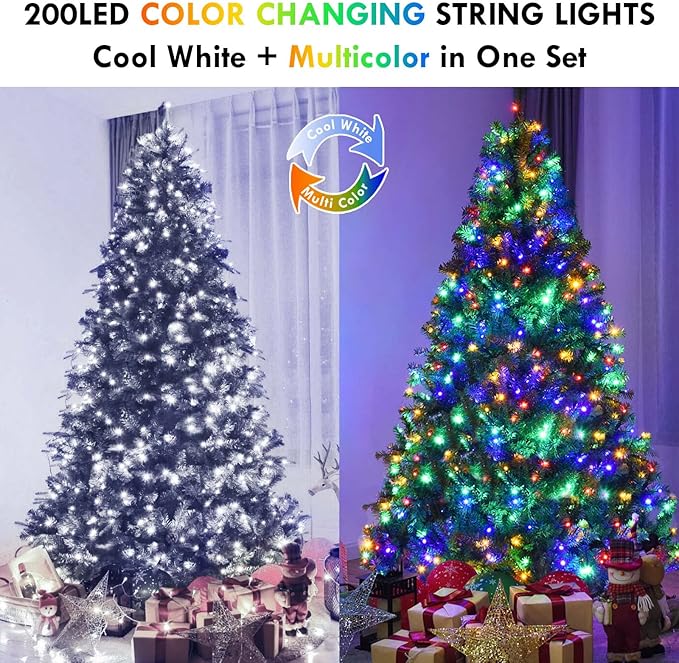 Cool White to Multicolor Color Changing 200 LED 66FT Connectable Christmas String Lights for Outdoor Indoor, 11 Modes Christmas Tree Clear Wire Fairy Waterproof Lights with Memory & Remote & Timer