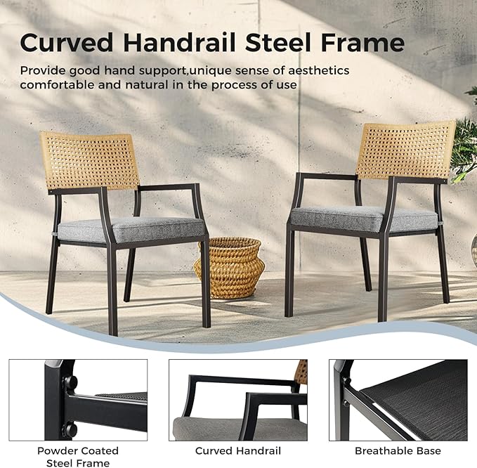 Grand Patio Outdoor Dining Chair Set of 2, 2-Piece Stackable Wicker Chairs with Cushions and Armrest for Restaurant, Garden, Porch, Lawn and Poolside