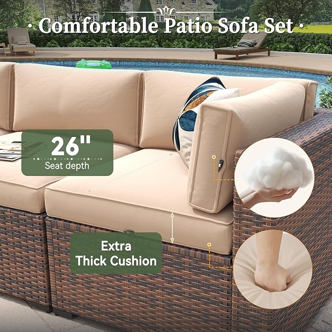 Aoxun 12 Piece Patio Furniture Set with 44” Fire Pit Table Wicker Rattan Outdoor Sectional Sofa Set with Coffee Table and Thickened Cushions, Beige (Waterproof Cover Included)