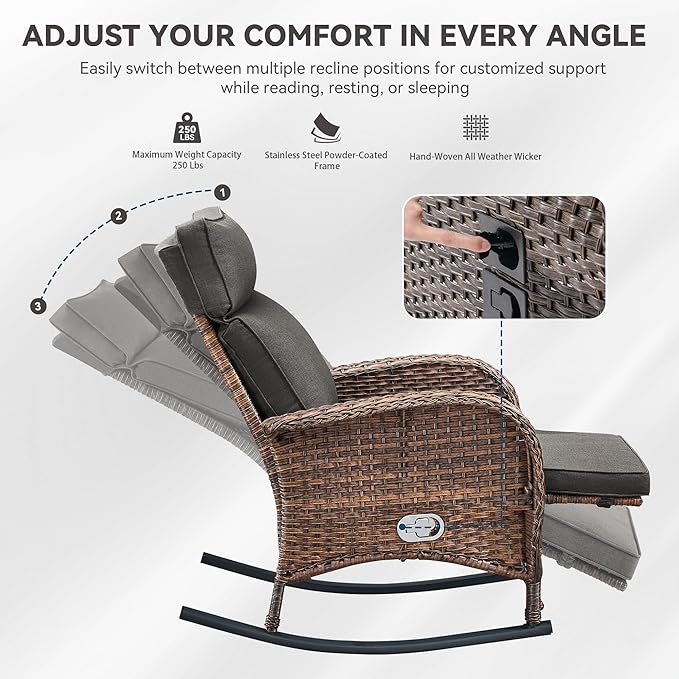 3 Pieces Zero Gravity Wicker Patio Rocking Recliner Chairs Set of 2 - Wicker Outdoor Lounge Chair with Side Table, Adjustable Backrest & Footrest, High Back Outdoor Recliner Chair for Pool Deck Gray