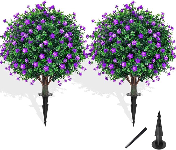 Artificial Boxwood Topiary Tree with Flower, Set of 2 Artificial Shrub Bushes with Ground Spike, Fake Evergreen Tree for Porch, Artificial Plants for Outdoor Planters Indoor UV Resistant