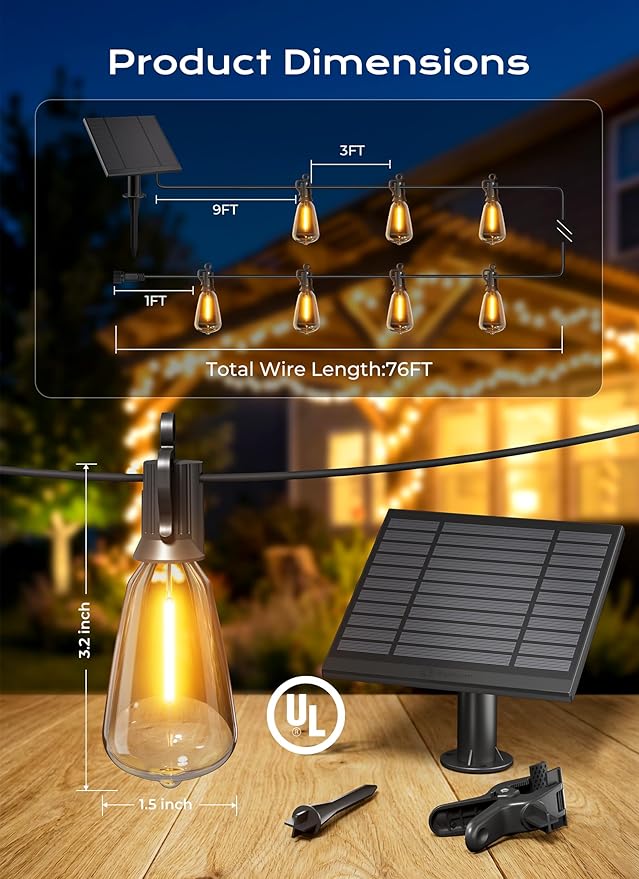 Brightown 76FT Solar String Lights Outdoor Waterproof, Patio Lights with Remote and 23+1 LED Shatterproof Bulbs, Dimmable & Timable, 3 Light Modes, Solar Lights Outdoor for Yard Camping Party Outside