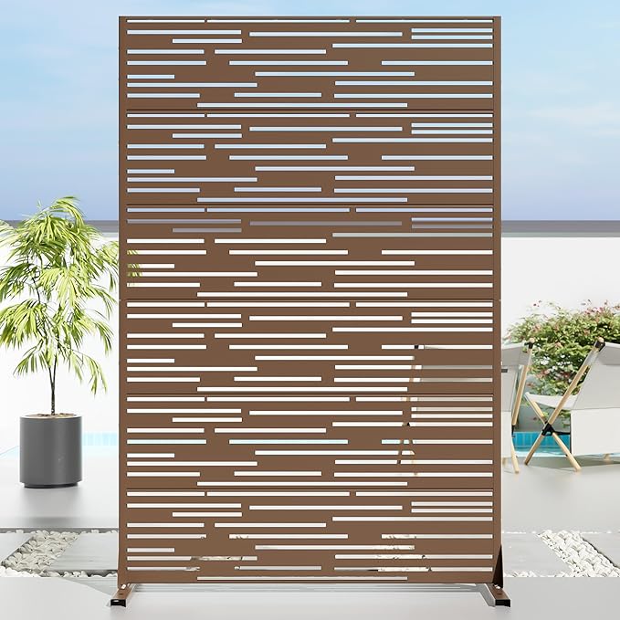 Casaphoria Metal Privacy Screen Outdoor, 72" H x 47" W Freestanding Decorative Privacy Screen for Patio Deck Balcony Garden with Stable Base, Brown-Shine