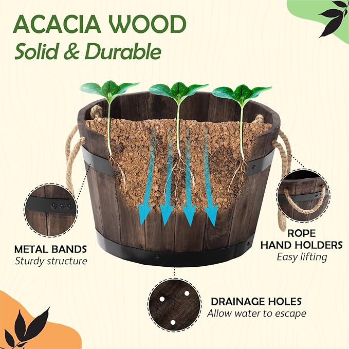 Set of 3 Wooden Flower Boxes Outdoor, Durable Acacia Wood Barrel Planters for Outdoor Plants with Ergonomic Handles, Drainage Holes, Multiple Sizes Wood Bucket Planter for Home Décor