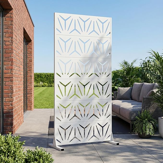 Casaphoria Metal Privacy Screen Outdoor, 72" H x 35" W Freestanding Decorative Privacy Screen for Patio Deck Balcony Garden with Stable Base, White-Star