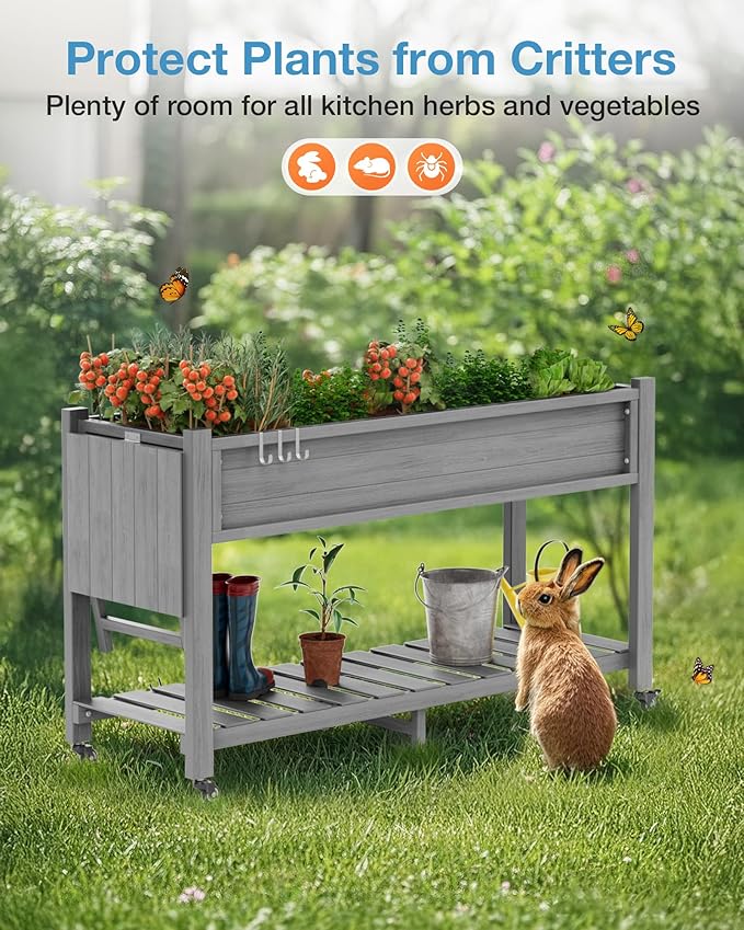 YEFU Raised Garden Bed with Legs: 57x18x30in Elevated Poly Planter with Wheels,Waterproof Mobile Raised Bed Garden, Elevated Planter Box Stand with Storage Shelf,for Deck,Patio,Porch,Yard (Grey,4pcs)