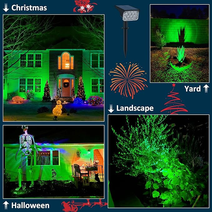 T-SUNUS Green Solar Spot Lights Outdoor 4 Pack, IP65 Waterproof Landscape Spotlights 2 Modes Dusk to Dawn for St Patricks Day Halloween Christmas Tree Pond Patio Garage Statue Graveyard Garden Flag