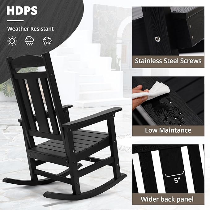 LUE BONA Outdoor Rocking Chairs Set of 2, Weather Resistant Poly Plastic Rocker, 350lb Heavy Duty, Oversized Porch Rocker for Adult, High Back Smooth for Outdoor & Indoor, Black