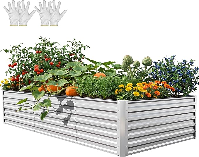 YITAHOME 8x4x2ft Large Raised Garden Bed Kit, Galvanized Metal Planter Box with Gloves, Ground Nails, Support Rod & Safety Rubber, Outdoor Above Ground Planters for Plants Vegetables Flowers, Silver