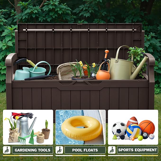 Flamaker 80 Gallon Storage Bench Outdoor Indoor, Durable All-Weather Seating with Hidden Storage, Lockable Deck Box for Garden, Patio, Poolside (Brown)