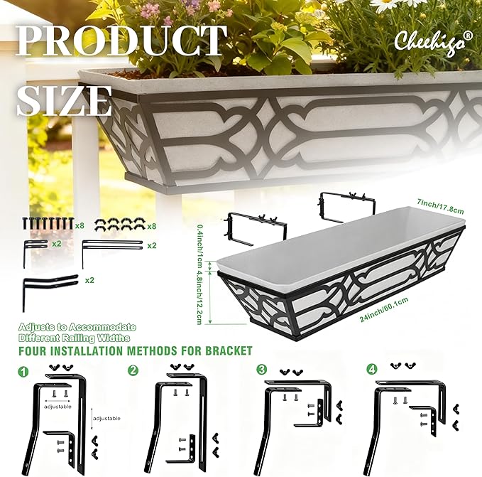 4 Pack 24 Inch Railing Boxes Planter for Outdoor Plants Adjustable Brackets for Porch Fence and Balcony Window Planter Box with Non-Woven Fabric Liner for Hanging Flower Baskets