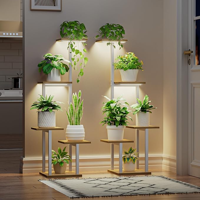 LATIBELL Plant Stand Indoor with Grow Light - 2 Pack Metal Plant Shelf for Indoor Plants Multiple, 5 Tiered Corner Plant Stand Shelves, Plant Rack Display Flower Holder for Living Room Patio (White)