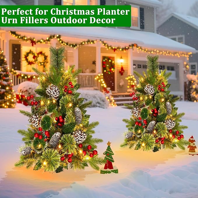 2 Pack Outdoor Christmas Tree Urn Fillers with 8 Modes Timer, 40 Warm & Colorful Change Lights, Pinecones Red Berries Decorations, Battery Operated for Holiday Planters Yard Porch Pathway Xmas Decor