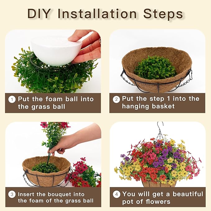 Senjie 2 Set Artificial Hanging Flowers with Basket for Outdoor Decor, UV Resistant 24 Bundles Faux Flowers Fake Hanging Planter for Porch Patio Balcony