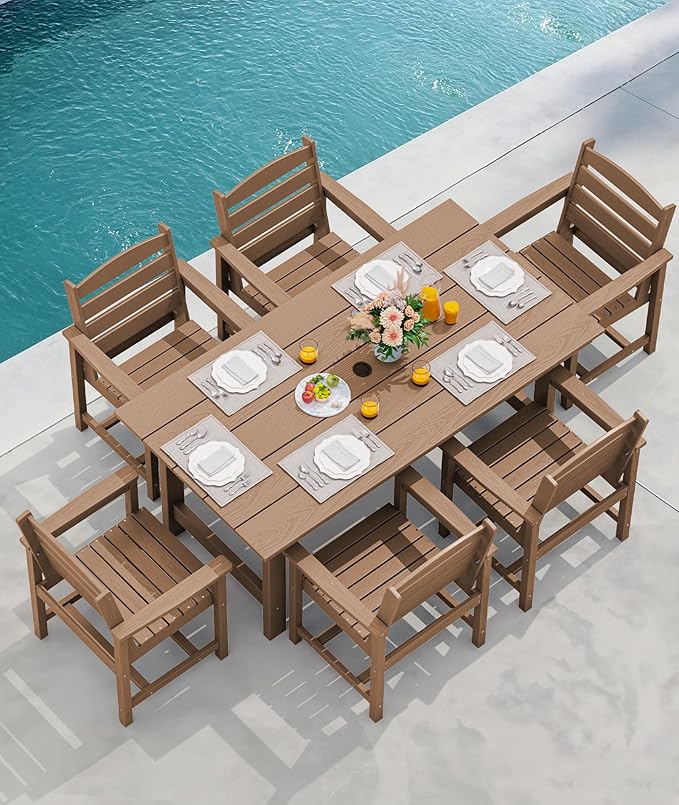 SERWALL Outdoor Dining Set for 6, HDPE Furniture with Umbrella Hole & Bench & Chairs, All Weather, Brown