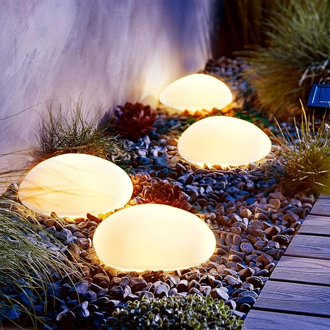 SUNNYPARK Solar Garden Lights Outdoor Set of 4 Plastic Pebble Shape Decorative Rock Lights Waterproof - Warm White