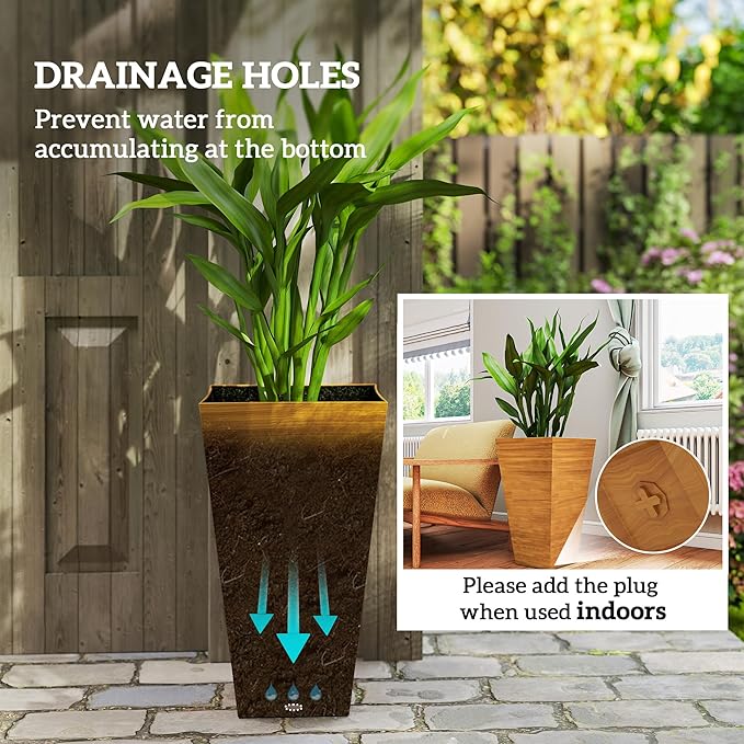 Outsunny Tall Planter for Outdoor Plants Set of 3, 28 Inch Taper Planter with Drainage Holes, Wood Grain Decor Garden Pot for Indoor Outdoor Porch Patio Backyard, Light Brown