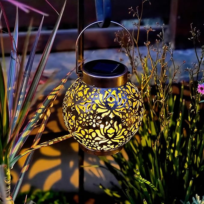 2 Pack Outdoor Solar Hanging Lantern Lights Metal LED Decorative Lamp for Garden Patio Courtyard Lawn and Table with Hollowed-Out Design (Bronze)