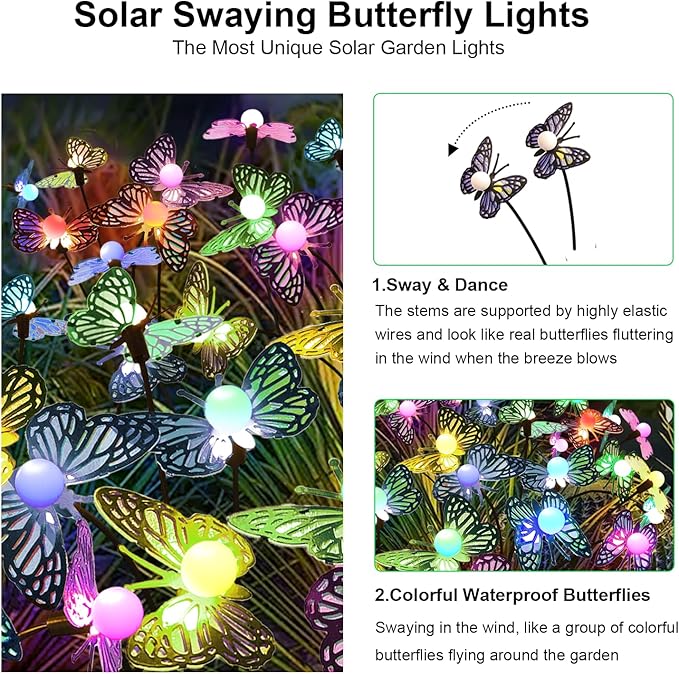 Solar Garden Butterfly Lights, 4 Pack 48 LED Solar Swaying Lights, 7 Color Changing Waterproof Firefly Light Outdoor Fairy Light for Garden Patio Yard Pathway Flower Bed Decoration