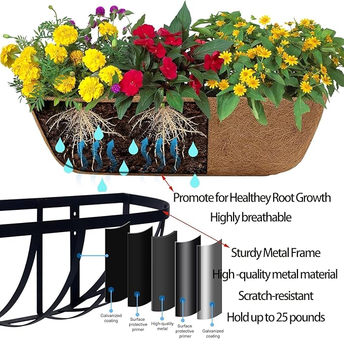 2 Pack 24" Railing Planter Window Box with Coco Fiber Liner Horse Trough Planter The Railing Planters Boxes for Deck Porch Fence Outdoor