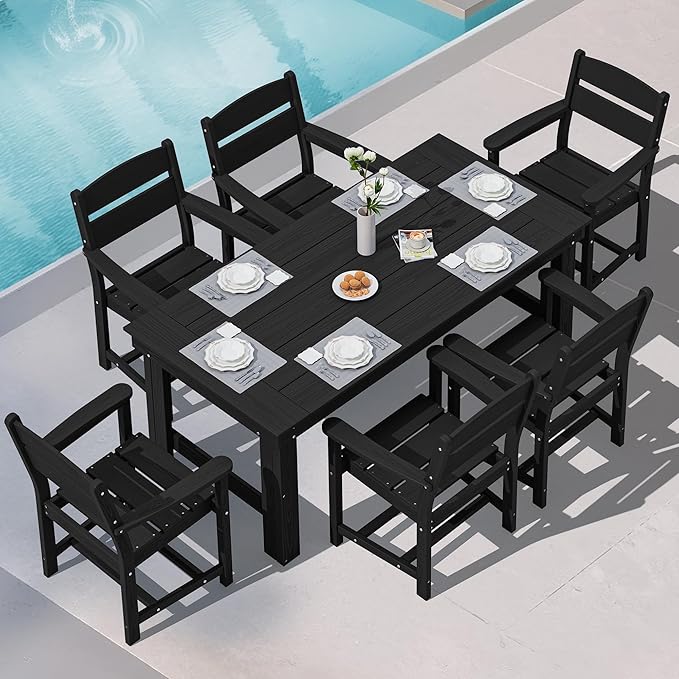 SERWALL Outdoor Dining Table Set, 67‘’ HDPE Patio Dining Set for 6, Wood-Like All-Weather Outdoor Table and Chairs Set for Lawn, Black