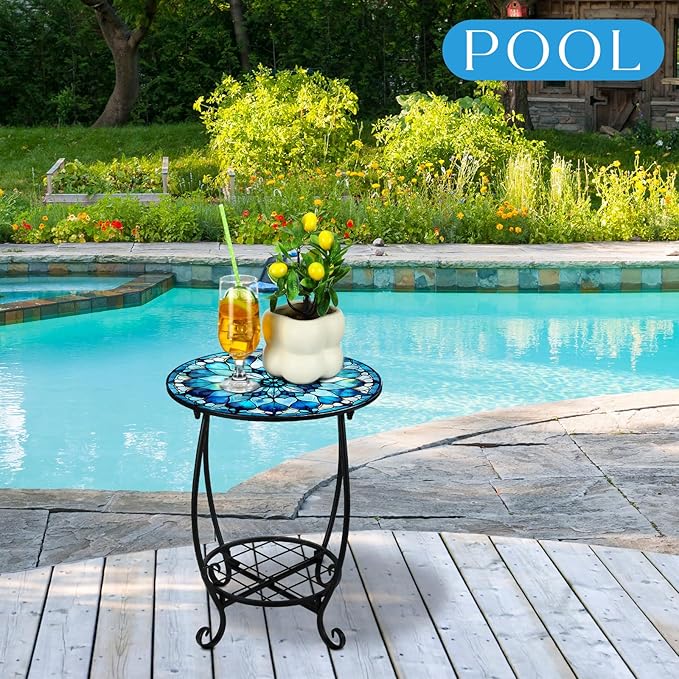 Outdoor Side Table Round Small Mosaic Patio Accent Indoor End Plant Coffee Tea Table for Yard Patio Porch Garden Living Room, Bedroom(Mandala Flower Style,14 Inch)