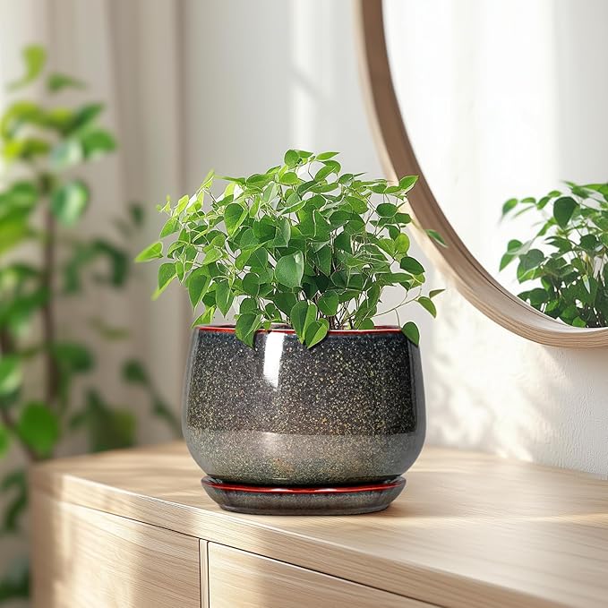 G EPGardening 7 Inch Ceramic Pots for Plants - Ceramic Planters for Indoor Outdoor Plants, Round Plant Pots with Drainage and Saucer, Modern Planter, House Decor, Plant Lover Gifts, Speckled Brown