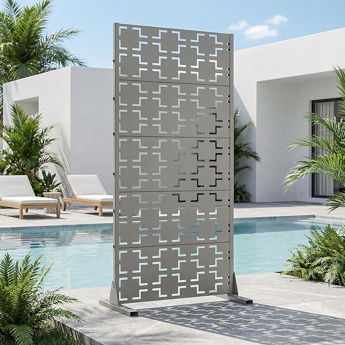 Casaphoria Metal Privacy Screen Outdoor, 60" H x 30" W Freestanding Decorative Privacy Screen for Patio Deck Balcony Garden with Stable Base, Grey-Square