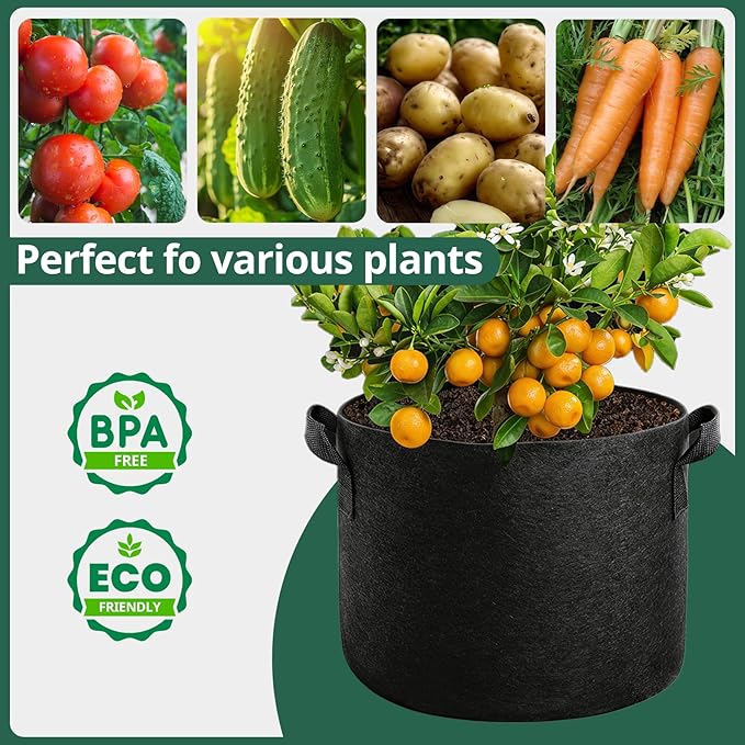 5 Pack 15 Gallon Grow Bags, Thickened Aeration Nonwoven Fabric Planting Bags with Handles, Heavy Duty 300G Garden Planter Bag for Tomato, Potato, Strawberry, Vegetable, Fruits and Flowers