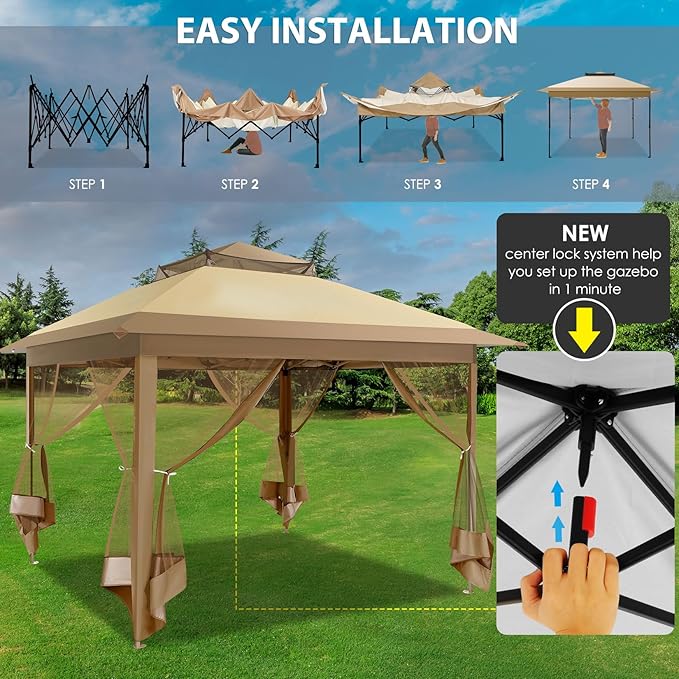 COBIZI 11x11 FT Pop up Gazebo Canopy Tent - Outdoor pop up gazebos on Clearance,carpas para Patio,Shelter - Screen Tents with Portable Carry Bag,Patio Gazebos for Camping,Garden,Deck,Backyard,Khaki