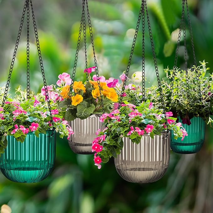 Maxcheck 4 Pcs Self Watering Hanging Planters Indoor Gift 6.5'' 4.5'' Hanging Flower Pots Baskets Outdoor Self Watering Plant with 3hooks Drainage Holes for Home(Emerald,Grey)