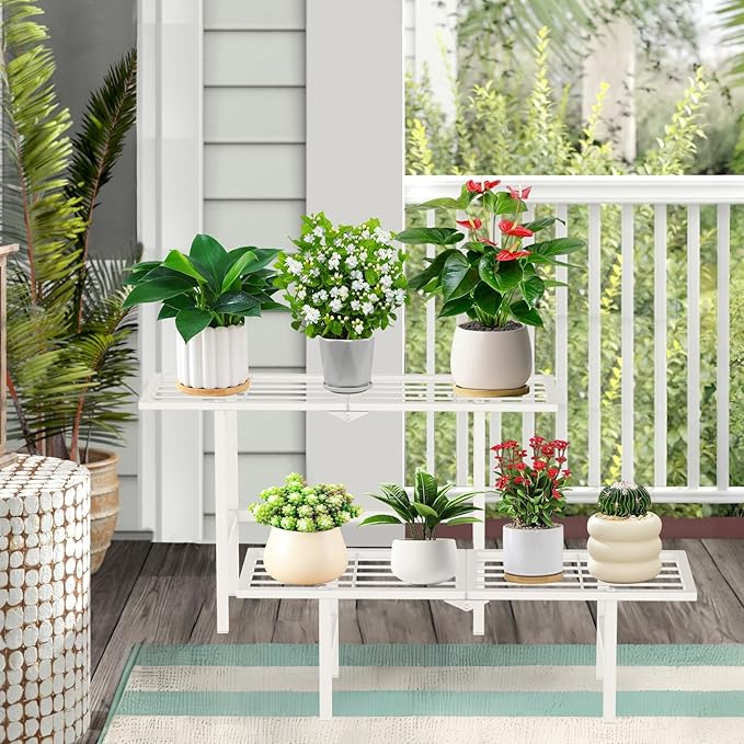 2 Tier Metal Plant Stand Outdoor Indoor, Separated Tiered Outdoor Folding Plant Shelf, Ladder Plant Stands Display Rack for Garden Window, 8.3/15.4'' Tall (White)