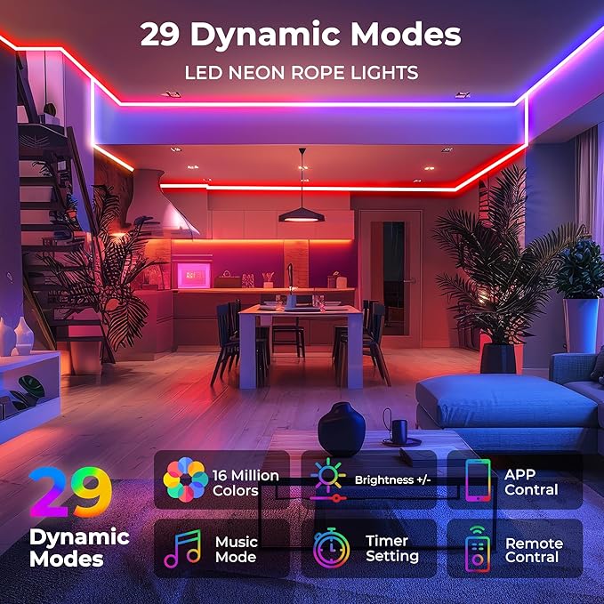 100FT LED Neon Rope Lights, Flexible Led Rope Lights Control with App/Remote, IP67 Outdoor RGB Color Changing Led Neon Lights Waterproof, Music Sync Led Strip Neon Lights for Bedroom Decor