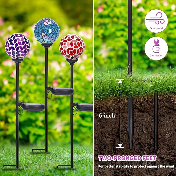 Afirst Solar Lights Outdoor Decorative Solar Mosaic Garden Stakes Decorative Lights Waterproof for Pathway Yard Lawn Decoration 3 Pack