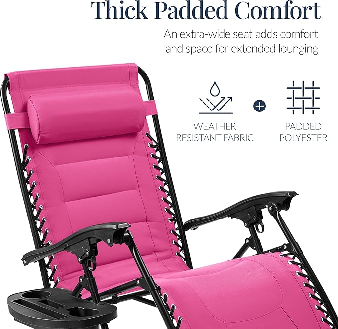 Best Choice Products Oversized Padded Zero Gravity Chair, Folding Outdoor Patio Recliner, XL Anti Gravity Lounger for Backyard w/Headrest, Cup Holder, Side Tray, Polyester Mesh - Hot Pink