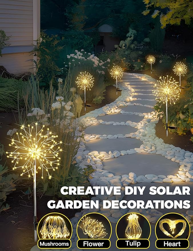 suddus Solar Garden Lights Outdoor Waterproof Decorative, 4Pack 150LED Firework Lights, Solar Fairy Lights for Yard, Garden, Party, Patio, Pathway, Flowerbed, Wedding - Warm White