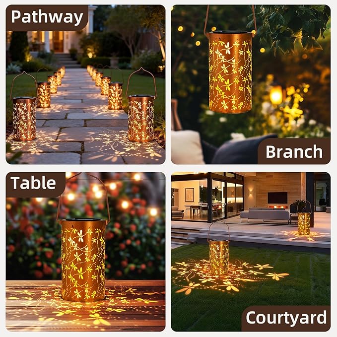 Birthday Gifts for Women Mom Grandma Ladies Solar Lanterns Outdoor Hanging Dragonfly Hollowed-Out Metal Waterproof LED Garden Decor Outside for Patio Yard Porch
