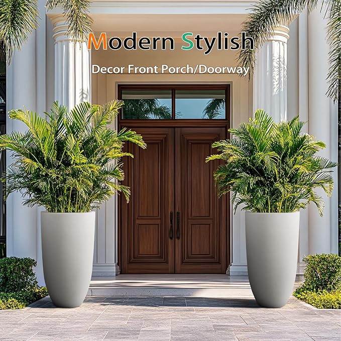 Tall Planters for Outdoor Plants, Large Concrete Flower Pots for Garden Front Porch, Patio, Indoor (Gray)