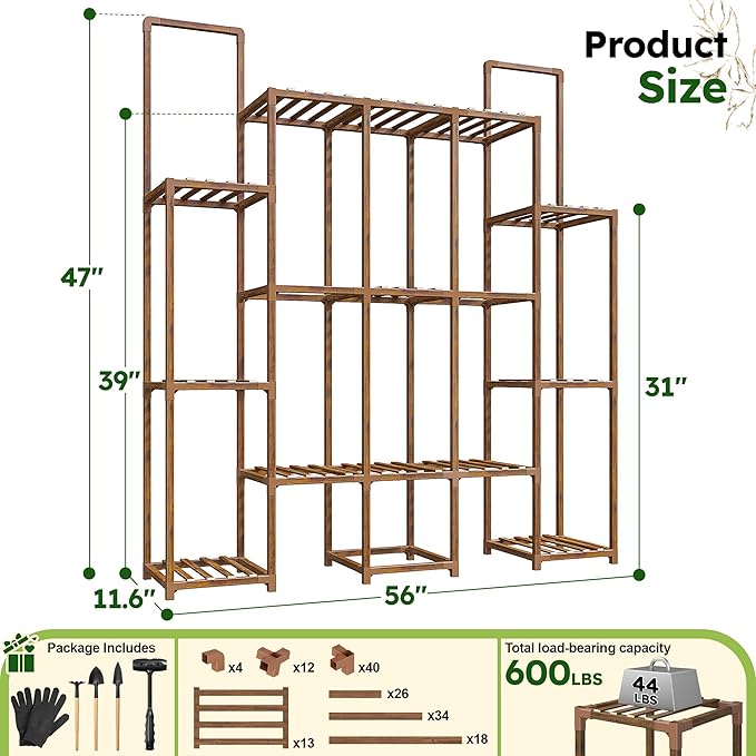 EnHomee Plant Stand Indoor for Multiple Plants Stand Outdoor with 18-22 Potted Double Rod for Hanging Plant Shelf 570 LBS Wood Plants Shelves for Living Room Patio Balcony Yard Garden 56''W×11.6''D×47''H