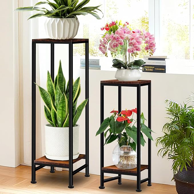 41" Tall Plant Stand Indoor, 2 Tier Plant stands for Indoor Outdoor Plants, Heavy Duty Flower Stand Metal Pedestal Stand Modern Display Rack for Living Room, Brown