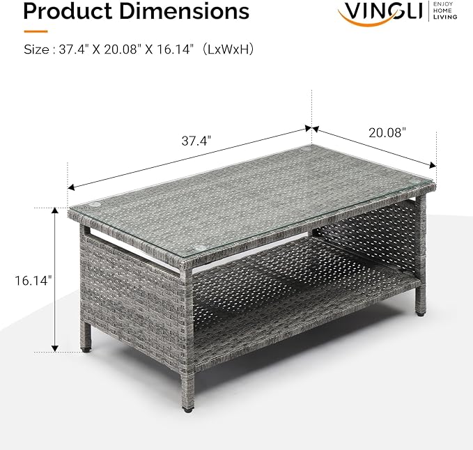 VINGLI Outdoor Wicker CoffeeTable Patio Coffee Tables for Outside, Tempered Glass Top Wicker Table with Storage Coffee Table for Patio Balcony Porch Deck (Gray)