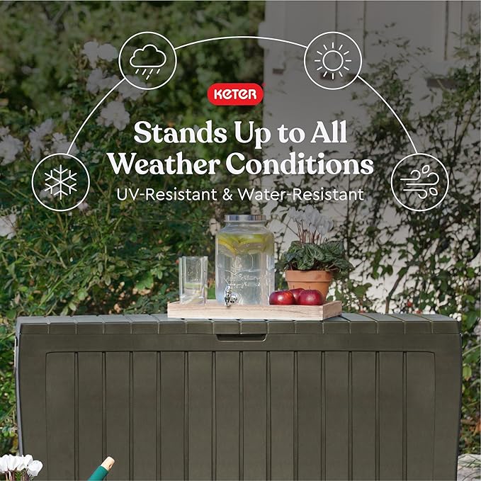 Keter Marvel Plus 71 Gallon Resin Outdoor Storage Box for Patio, Balcony & Garden – Weather‑Resistant Deck Box for Cushions, Pillows, Pool Floats & Tools, Mossy Brown