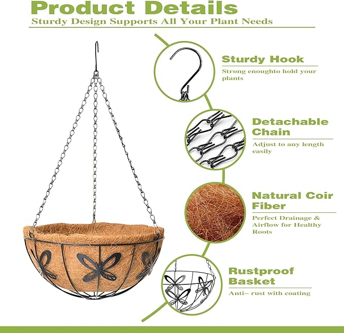 4 Pack 14 Inch Hanging Baskets for Plants Outdoor Metal Hanging Planter Hanging Flower Baskets with Coco Fiber Liners Chain Round Wire Plant Holder Hanging Flower Pots(Butterfly)