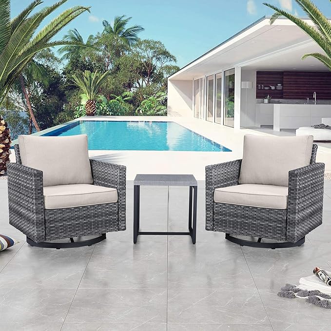 Belord Outdoor Bistro Set 3 Piece Wicker Swivel Rocker Patio Chairs, Oversize Outdoor Rattan Seating Set, Patio Swivel Glider Chairs Wicker Furniture with Metal Side Table for Porch Outside Backyard