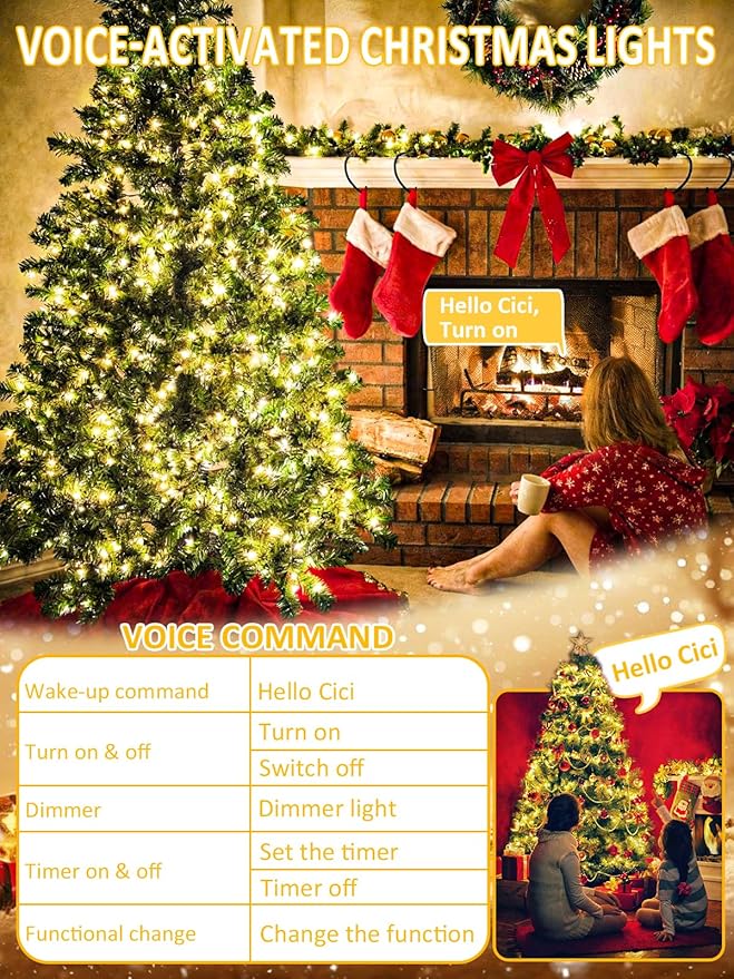 Smart String Lights With Voice Control Indoor Outdoor, Clear Wire 66Ft 200 LED Christmas Lights, Dimmable 12Modes Twinkle Fairy String Light Waterproof for Xmas Tree Wedding Party Bedroom (Warm White)