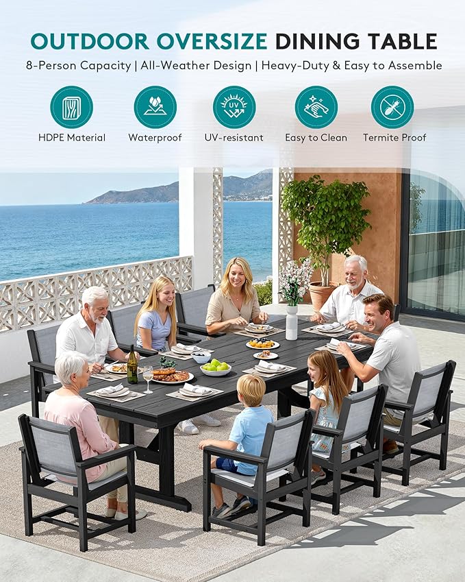 SERWALL 9 Piece Outdoor Dining Set, 84" HDPE Outdoor Large Table and Texilene Chairs for 8，All Weather Patio Dining Furniture Set with Umbrella Hole for Backyard, Garden, Black