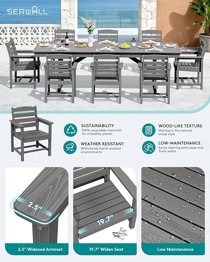 SERWALL Outdoor Dining Chairs Set of 4, All-Weather HDPE Patio Chair with 19.7" Widened Seat, for Backyard, Garden, Gray