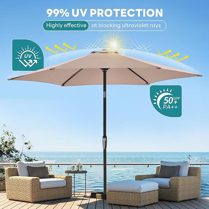 OLIXIS 7.5ft Patio Umbrella with Tilt and Crank Button & 8 Sturdy Ribs Waterproof, Patio Table Umbrella Perfect for Poolside, Terrace, Beach and Outdoor Restaurant, Khaki
