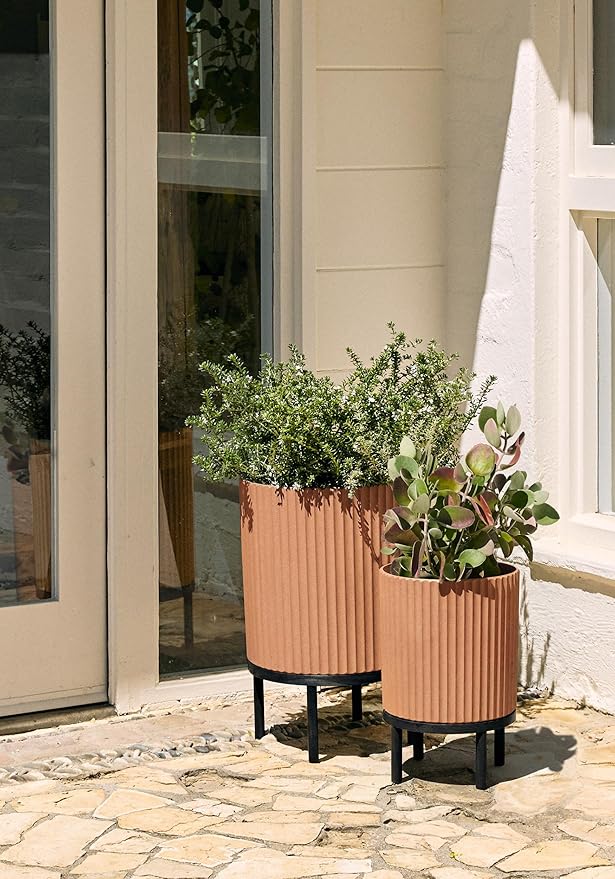 Veradek Demi Series Round Planter w/Stand for Porch/Patio | Durable Plastic-Stone Composite & Wooden Stand | Modern Décor for Tall Plants, Flowers